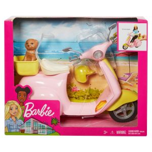 Mattel Barbie Pink & Yellow Scooter Moped With Puppy & Helmet