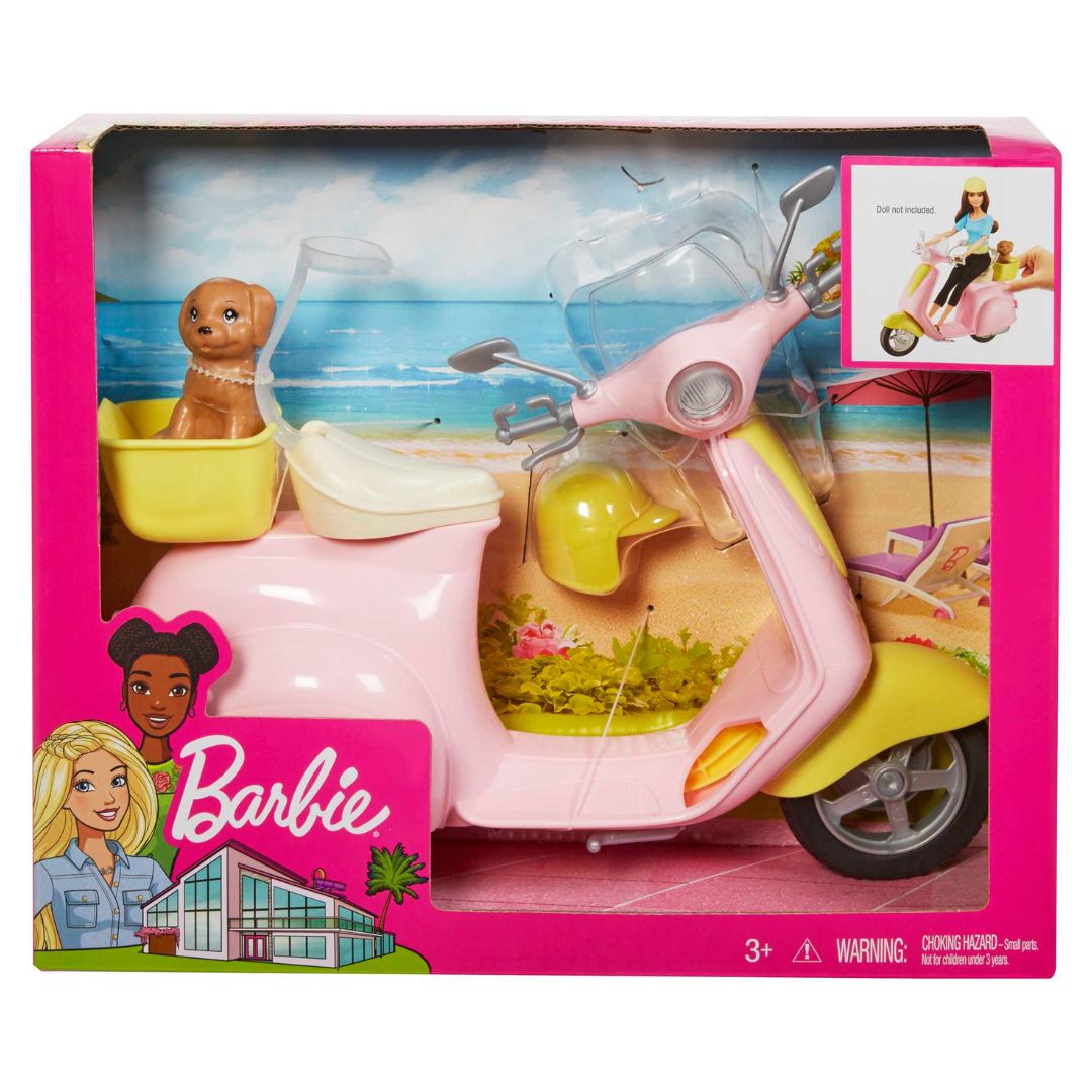 Mattel Barbie Pink & Yellow Scooter Moped With Puppy & Helmet